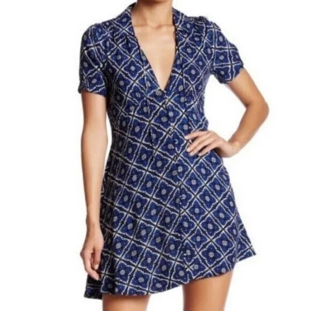 Free People Size 4 Blue Melody Printed Summer Boho Mini Dress Geometric Print